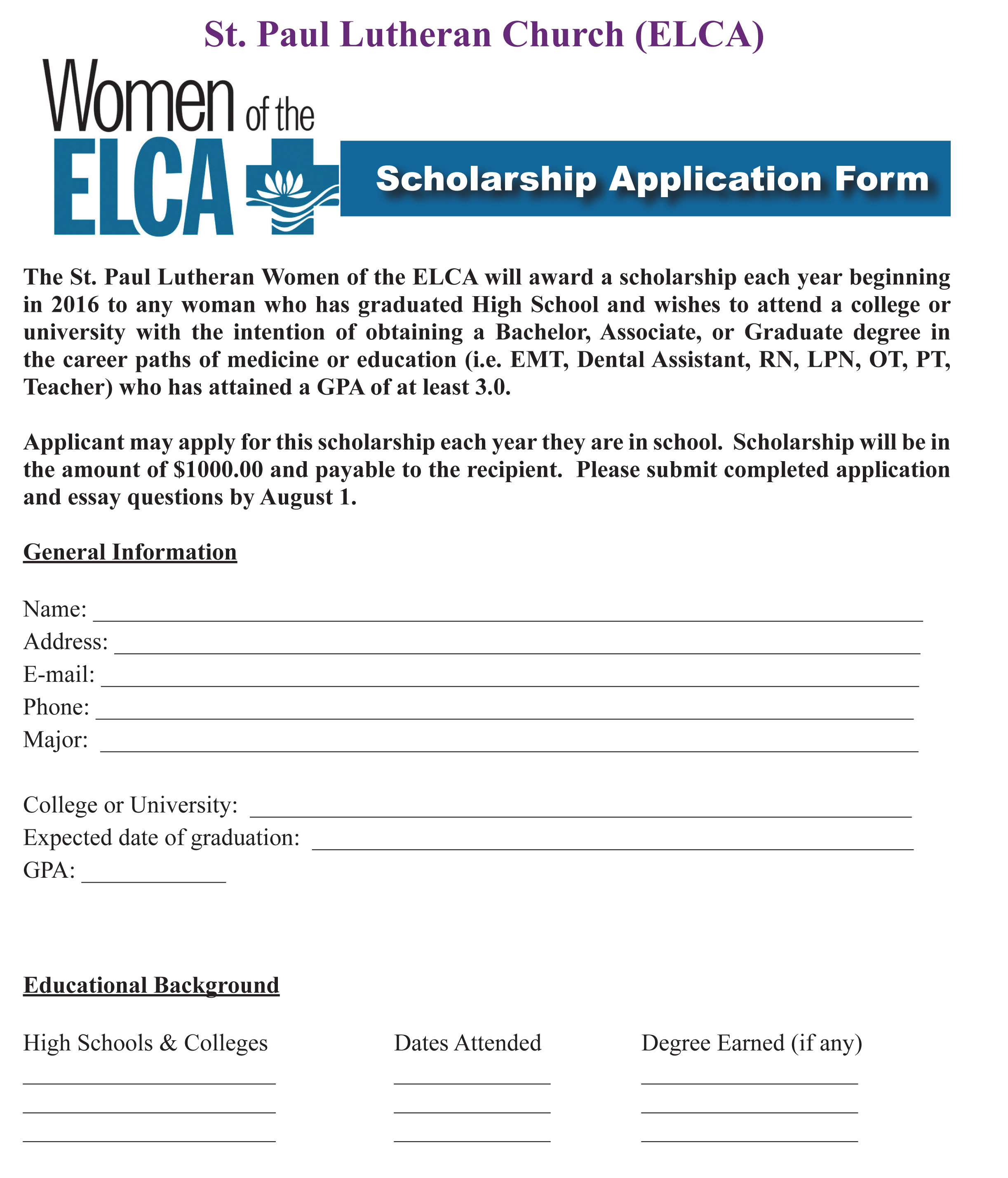 WELCA SCHOLARSHIP